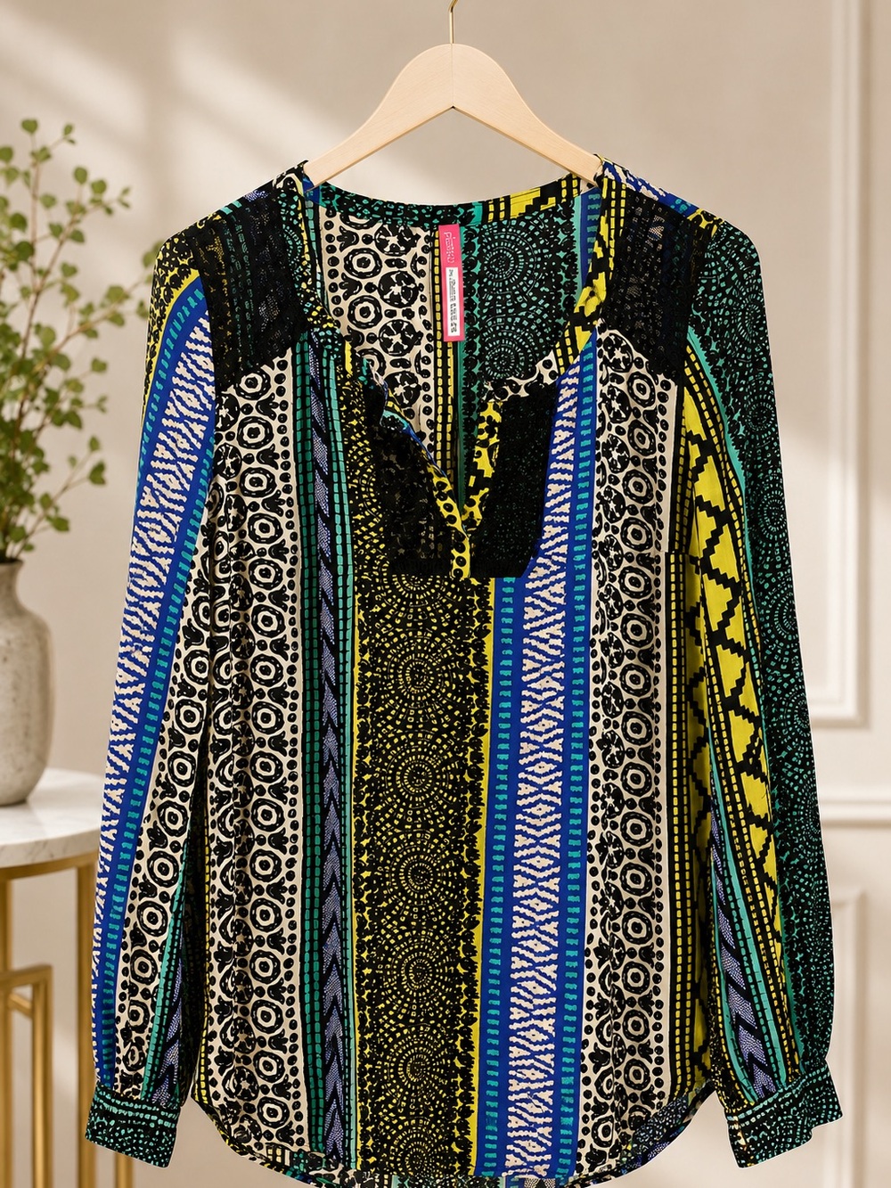 Plenty by Tracy Reese Multicolor Geometric Boho Rayon Blouse Size P Petite